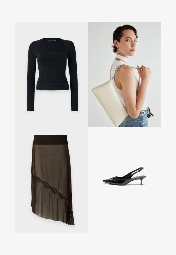 Črna dolga majica z dolgimi rokavi, izdelana iz mehkega materiala, s prilegajočim se krojem in nabranimi detajli v pasu ter kontrastnimi brezšivnimi ramenskimi paneli.; Črna mrežasta krila z slim pasom, asimetričnim robom, dekorativnimi gumbi spredaj in plasteh prozorne teksture.; Črne usnjene slingback pete z izostrenim nosom, majhno mačje peto in okrasno vozličasto podrobnostjo na sprednjem delu. Gladka tekstura po celotni površini.; Bela pravokotna torbica za ključe iz sijajnega materiala, opremljena s srebrno verižico. Model pozira in prikazuje torbico na enobarvni podlagi.