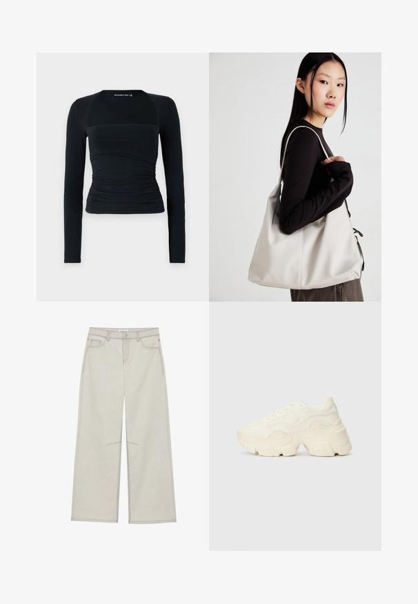 Haut noir à manches longues en tissu doux, présentant un design ajusté avec des détails froncés à la taille et des panneaux d'épaule sans couture en contraste.; Pantalons larges gris clair avec cinq poches, fermeture à bouton à l'avant et surpiqûres en contraste le long des coutures. Le tissu semble doux et durable.; Baskets blanches chunky en maille texturée et matériaux synthétiques, avec une semelle épaisse et des détails en motif complexes sur les côtés.; Sac à main beige en matériau souple, avec un design décontracté, des détails cousus et deux poignées. Idéal pour un usage quotidien.