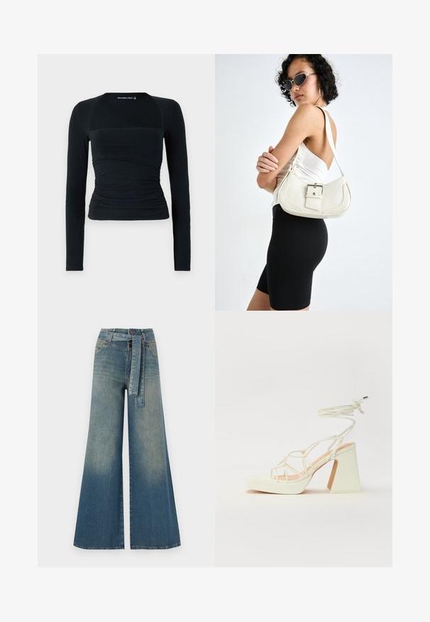 Fekete, hosszú ujjú felső, puha anyagból készült, testhez simuló szabású, deréknál gyűrt részletekkel és kontrasztos, varrás nélküli vállpanelek díszítik.; Bőszárú farmernadrág, világos és sötétkék árnyalatokkal, magas derekú, övgyűrűkkel és a nadrággal megegyező anyagú övvel. Textúrált farmer kivitel.; Fehér, magassarkú szandál vastag sarokkal, pántos dizájnnal és bokapánttal. Sima textúra, elülső platformmal a megnövelt magasság érdekében.; Fehér bőr kézitáska ívelt formával, állítható pánttal és egy kis csattal. A modellen fitted fekete ruha van.