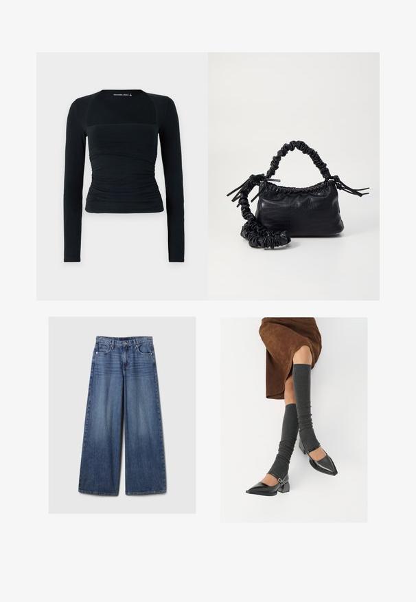 Melnas garām piedurknēm topiņš no mīksta auduma, ar pieguļošu dizainu un krūšu rajonā rūpīgi veidotām detaļām, kā arī kontrastējošām bezšuvju plecu paneļiem.; Platām kājām zila denima bikses ar izbalējušu apdari, ar pogu un rāvējslēdzēju, pieciem kabatām un jostu cilpām.; Melnas laka ādas apavi ar norādītu purngalu, blokveida papēdi un potīšu jostu, saskaņoti ar pelēkām ribotām kāju sildītājām un brūnu zamšādas svārku.; Melnā mākslīgās ādas rokassoma ar krokodila rakstu, savilkta augšdaļa un saburzīta siksna. Izskatās mīksta un kompakta pēc dizaina.