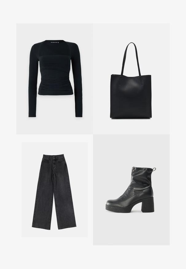Schwarzes langärmliges Oberteil aus weichem Stoff, mit figurnahem Schnitt, gerafften Details an der Taille und kontrastierenden nahtlosen Schulterpartien.; Schwarze, weit geschnittene Denim-Jeans mit hoher Taille, klassischem Fünf-Taschen-Design und dezentem Verblassen. Strapazierfähiger Stoff mit glatter Textur.; Schwarze Stiefeletten aus glattem Leder mit seitlichem Reißverschluss, klobigem strukturiertem Absatz und runder Zehenform.; Schwarze Laptoptasche aus Leder mit glatter Textur, rechteckiger Form und zwei langen Griffen. Keine sichtbaren Beschläge oder Verzierungen.