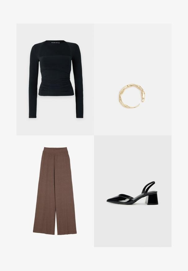 Mustade pika varrukaga särk, mis on valmistatud pehmest kangast, millel on keha järgi kohandatud disain, vöökoha juures kogutud detailidega ja kontrastsete õmbluseta õlavarrepaneelidega.; Laiad püksid, mis on valmistatud tekstuurses, soonilise kangaga soojas pruunis värvitoonis. Omavad liibuvat vöökohta ja voolujoonelist siluetti.; Mustad musta lakknahk kingad, millel on terav varvas ja geomeetriline plokkkonts. Omab elegantselt minimalistlikku disaini ja sujuvat tekstuuri.; Kuldtoonis sõrmus, millel on orgaaniline, keerdunud disain sileda tekstuuri ja kitsenevate otstega, luues kaasaegse skulptuurilise välimuse.