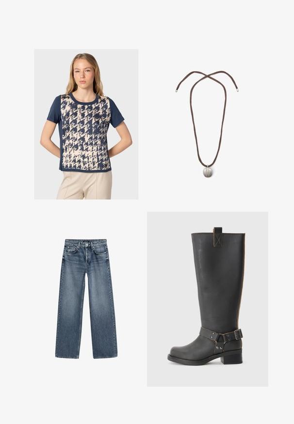 Námořnická modrá tričko s krátkým rukávem s krémovým a námořnickým abstraktním vzorem, kulatým výstřihem a měkkou tkaninou. Uvolněný střih.; Kalhoty s vysokým pasem a širokými nohavicemi ve středně modré džínsovině s vybledlým povrchem, pět kapsovým designem a stříbrným zapínáním na knoflík.; Černé kožené vysoké boty po kolena s texturovaným povrchem, které mají boční kovovou sponu a nízký podpatek. Podrobné šití podél švů.; Náhrdelník s hnědou šňůrou a stříbrným oválným přívěskem. Přívěsek má hladký povrch a mírné prohloubení ve středu.