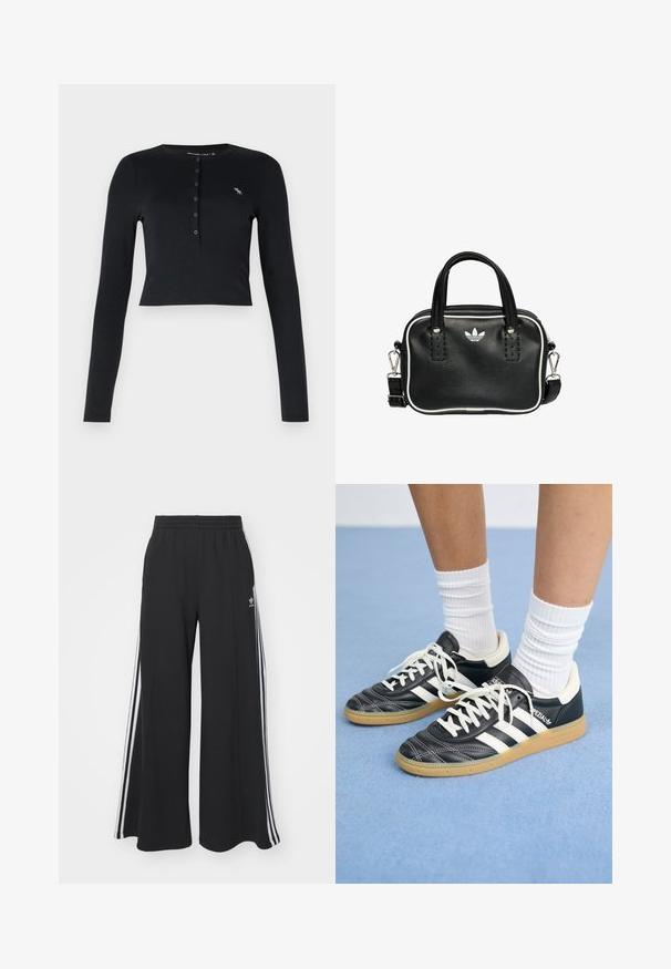 Abercrombie & Fitch CLOUD ICON - Långärmad tröja - black beauty; Svarta vida sweatpants med elastisk midje, med vita sidosträck och en broderad logotyp på vänster lår.; Svarta lädersneakers med vita ränder, rund tå, vita snören och sula av gummirubber. Betonar en vadderad krage och varumärkesdetaljer.; Svart läderhandväska med två korta handtag, silverfärgade detaljer, vita accenter och en vit logotyp. Har en texturerad yta och en kompakt design.