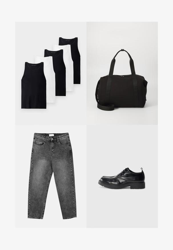 Set petih brezrokavnih majic iz bombažne tkanine v črni in beli barvi. Imajo krojaško ovratnik, prilego obliko in enostavno teksturo.; Črne jeanse ravnega kroja z sprednjimi in zadnjimi žepi, zankami za pas in gumbom za zapiranje na pasu.; Črne usnjene oblečne čevlje z zaobljenim nosom, zavezovanjem spredaj in dekorativnim šivom. Imajo gost, strukturiran gumijast podplat in zgornji del na peti.; Crna torba s debelim ručkama i odvojivim remenom. Izrađena od glatkog materijala, sa zatvaranjem na zip i minimalističkim dizajnom.
