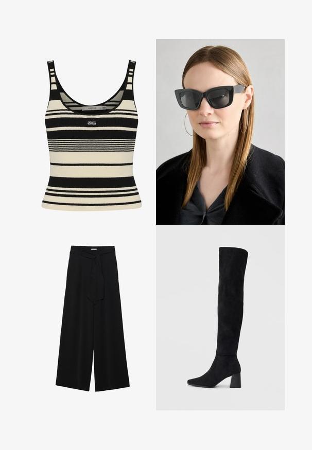 Schwarzes und crèmefarbenes, gestreiftes Tanktop mit taillierter Passform, das dicke horizontale Streifen und ein zentriertes Logo auf der Vorderseite zeigt. Weicher Strickstoff.; Schwarze weite Hosen aus strukturiertem Stoff, mit elastischem Bund und einem abnehmbaren Bindegürtel in der Taille für eine verstellbare Passform.; Schwarze Wildleder-Stiefel bis zum Knie mit Blockabsatz, spitzer Zehe und glattem, nahtlosem Design auf einem schlichten, hellen Hintergrund.; Schwarze Katzenaugen-Sonnenbrille mit dunklen Gläsern, dicken Rahmen und subtilen Akzenten. Getragen mit einem schwarzen Mantel und einem grauen Oberteil, dazu lange, glatte Haare.