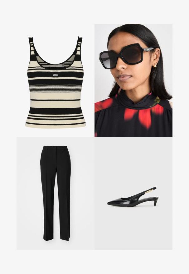 Czarny i kremowy top bez rękawów w paski, o dopasowanym kroju, z grubymi poziomymi paskami i logo umieszczonym na środku przodu. Miękka dzianinowa struktura.; Czarne spodnie o dopasowanym kroju z prostymi nogawkami, o gładkiej fakturze i wyraźnych zagięciach z przodu. Bez widocznych elementów metalowych.; Czarne skórzane szpilki typu slingback z ostrym noskiem, posiadające smukły obcas i złoty akcent na regulowanym pasku. Gładka tekstura.; Czarne, duże okulary przeciwsłoneczne o geometrycznej oprawie, ciemne soczewki i złote akcenty, noszone z topem w kwiatowy wzór i wysokim kołnierzem.