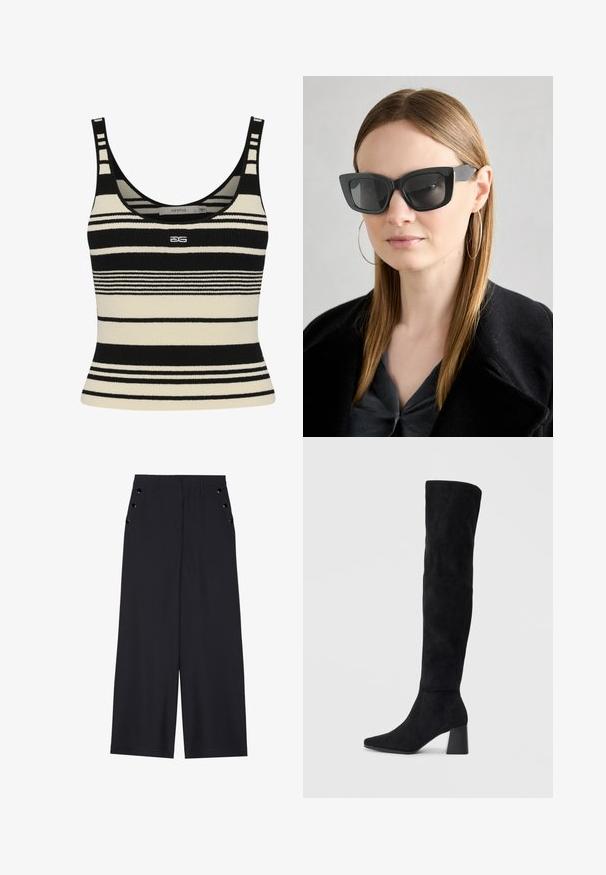Black and cream striped tank top with a fitted design, featuring thick horizontal stripes and a logo centered on the front. Soft knit texture.; Wide-leg trousers in dark navy fabric, featuring a smooth texture, front pleats, and decorative gold-tone eyelets on the side pockets.; Black suede knee-high boot with block heel, pointed toe, and smooth, seamless design on a plain light background.; Black cat-eye sunglasses with dark lenses, thick frames, and subtle accents. Worn with a black coat and gray top, featuring long straight hair.