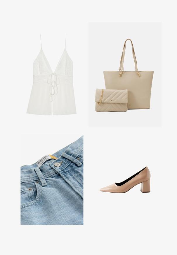 Valge kampsun, millel on pitsist kehaosa, sügav V-kaelus ja volditud äär. Reguleeritavad õhukesed rihmad ja eesmine sidumisdetail lisavad mitmekesisust.; Heledad sinine teksapüksid, millel on lõdva bootcut disain, keskmise kõrgusega vöökoht, metallist nööbi sulgemine ja silt "RELAXED BOOTCUT".; Nude patenti nahkkingad terava varbaga ja ploki kontsaga, millel on sile, läikiv pind ja stiliseeritud, minimalistlik disain.; Beesum kott, millel on lamedad käepidemed, sile tekstuur ja kuldne riistvara, koos sobiva tikandiga kottide koos ahelkandiga.