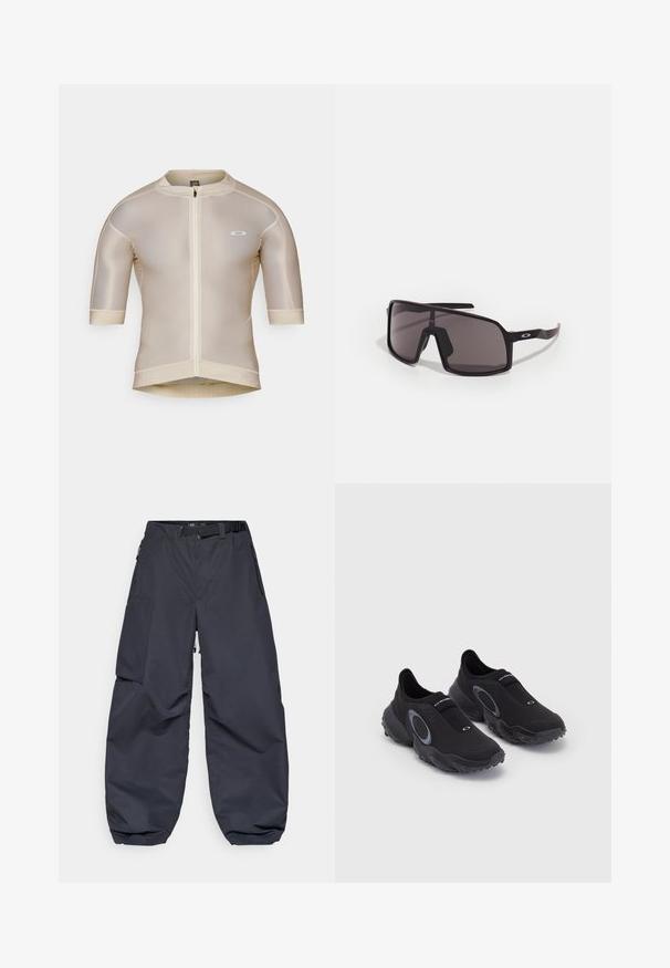 Béžový cyklistický dres s krátkym rukávom, predným zipsom, sieťovanou textúrou a malým bielym logom na ľavej hrudi.; Tmavošedé cargo nohavice vyrobené z mäkkého, odolného materiálu. Majú široký, voľný strih, viacero vreciek a opasok na prispôsobenie.; Čierne slip-on tenisky s textúrovaným zvrškom a gumovou podrážkou. Obsahuje šedý kruhový akcent a elastický pás cez priehlavok pre lepšie prispôsobenie.; Čierne obdĺžnikové slnečné okuliare s tmavými šošovkami, širokým rámom a štíhlymi čiernymi stranami. Obsahujú logo na spánkoch. Hladký povrch.