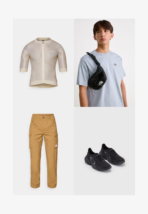 Tricou de ciclism cu mânecă scurtă, beige, cu fermoar pe față, textură din plasă și un mic logo alb pe pieptul stâng.; The North Face EXPLORATION PANTS - Pantaloni cargo - utility brown; Tenisi negri slip-on cu un superior texturat și talpă din cauciuc. Au un accent circular gri și o bandă elastică pe partea instep-ului pentru o potrivire confortabilă.; Geantă de umăr din nailon negru, cu bretea ajustabilă, având un logo alb proeminent. Purtați peste un tricou bleu deschis. Design simplu și funcțional.