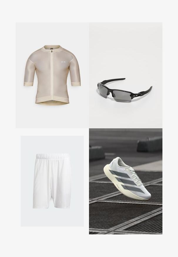 Beež lühikeste varrukatega jalgrattajakiga, ees tõmblukuga, võrgumustrit ja väike valge logo vasakul rinnal.; Valged spordilühikesed püksid, mis on valmistatud kergest kangast, elastse vöökoha, sileda tekstuuri ja põlveni ulatuva lõikega.; Valge sportlik jalanõu tekstureeritud võrgus ülaosaga, hallide triipude ja pehmendusega tallaga. Kerge disain, sobib jooksmiseks.; Mustad must sportlikud prillid hallide läätsedega, kõverate raamide kujundus ja logodetail küljel. Valmistatud kergest plastmaterjalist.