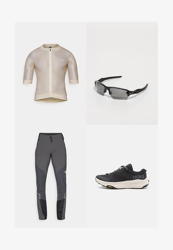 Beež lühikeste varrukatega jalgrattajakiga, ees tõmblukuga, võrgumustrit ja väike valge logo vasakul rinnal.; Hallkonnad hallid matkapaid, millel on kitsenev disain, mitmed taskud ja kontrastsed tumedat halli ning musta aktsendid. Valmistatud paindlikust ja vastupidavast materjalist.; Mustmustun mustus kingad tekstuurse ülusega, hallide aktsentidega, peegeldavate detailidega ning paksu valge tallaga, millel on Vibram'i bränding.; Mustad must sportlikud prillid hallide läätsedega, kõverate raamide kujundus ja logodetail küljel. Valmistatud kergest plastmaterjalist.