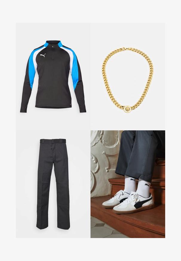 Musta urheilupaita pitkillä hihoilla, puolivetoketjukaulus, sinisiä ja valkoisia korostuspaneeleja sekä pieni valkoinen logo rinnassa. Sujuva kankaan rakenne.; Mustat pantsit kestävästä kankaasta, suoran lahkeen muotoilu, vyötärönauha, jossa on vyölenkit, ja saumat lisätekstuuria varten.; Puma-tenniset valkoisesta ja mustasta mokasta, joissa on ruskea kumipohja. Yhdistetty valkoisten sukkien kanssa, joissa on musta logo, tummien housujen kanssa.; Kultaketju, jossa on suuret toisiinsa kytkeytyvät lenkit, keskellä on pyöreä pendantin yksityiskohta, jossa on kohotettu emblem.