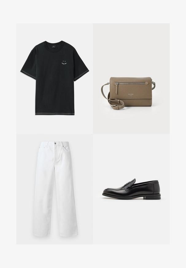 Melna kokvilnas t-kreklu ar īsām piedurknēm, apaļu kakla izgriezumu un baltām šuvēm. Satur mazu grafiku uz krūtīm.; rag & bone BAGGY - Plati džinsi - white; Melnas ādas kurpes ar gludu tekstūru, noapaļu purngalu un dekoratīvu siksniņu pāri priekšpusei. Zems sakrauts papēdis, minimālisma dizains.; Taupe krāsas ādas pleca soma ar rāvējslēdzēja priekšējo kabatu, regulējamu siksnu, akmens tekstūru un iegravētu logo priekšpusē.