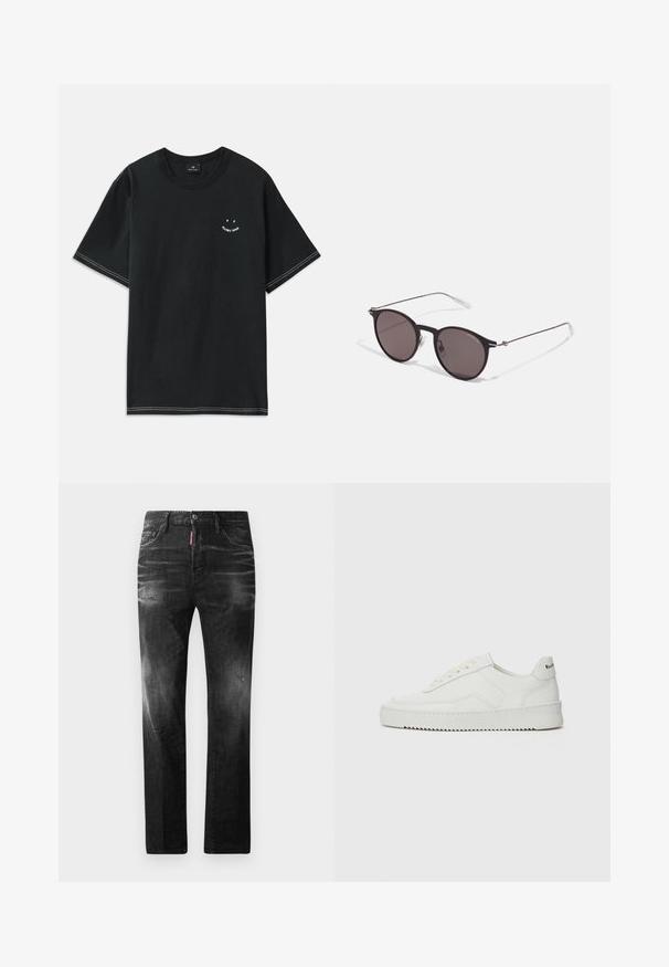 Must koos olev must puuvillane T-särk lühikeste varrukatega, ümar kaelus ja valged õmblustooted. Ees on väike graafika.; Mustad denim püksid otse lõikega. Omavad kulunud piirkondi, väikseid kahjustusi, klassikalist viit taskut ning nööpkinnitust.; Valge nahast tennis, millel on sile põhi, ümar varvas, lamedad nöörid ja tekstuuriline tall. Sisaldab diskreetset logo kontsaribal.; Mustad mustad prillid tumedate läätsedega ja õhukeste metallist käepidemetega. Kaarja kujuga seljaosa ja hõbedased aktsendid hingel. Minimalistlik disain.
