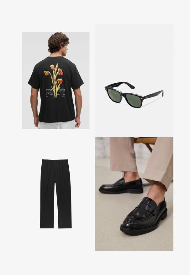 Zwarte katoenen t-shirt met een kleurrijke bloemenafbeelding op de achterkant, met daaronder witte tekst, en een ronde halslijn. Korte mouwen.; Zwarte broeken met een recht model, gemaakt van een gladde stof. Voorzien van een voorplooien en een enkele knoopsluiting bij de taille.; Zwarte leren loafers met een gladde afwerking, voorzien van een decoratieve band en contrasterende stiksels, gecombineerd met beige broeken.; Zwarte plastic zonnebril met groene lenzen, vierkante montuur, zilveren accent op de wenkbrauw en een gestructureerde tempel. Merken vermeld op de binnenkant van de arm.