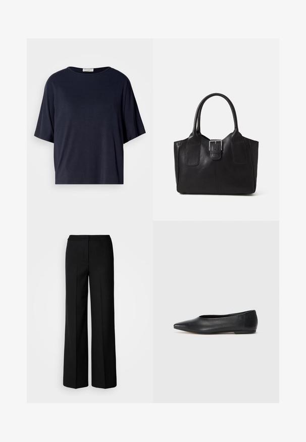 Mørkeblå t-skjorte med korte ermer laget av myk stoff, med en løs passform og rund hals. Har et minimalistisk design uten synlige mønstre.; Svarte vide bukser med et glatt stoff, med høy livvidde, skreddersydde sømmer og et minimalistisk design. Ingen synlig maskinvare eller lommer.; Sorte lærballerina med spiss tå, minimalistisk design, glatt tekstur, lav hæl uten synlig metall eller dekorasjoner.; Svart skinn toteveske med jevn tekstur, strukturert form, to håndtak og en fremtredende sølvspenne foran.