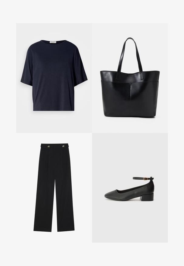 Tumedat sinises lühikeste varrukatega T-särk, mis on valmistatud pehmest kangast, laia lõikega ja ümmarguse kaelusega. Omab minimalismi stiili ja nähtavaid mustreid ei ole.; Mustad laiad püksid kõrge vöökoha ja nööpdetailidega vööandil, esikortsudega.; Must mustaapp, millel on terav nina ja madal blokk-kand. Omab pahkluu rihma koos kuldse tooni pandlaga. Sile tekstuur.; Must mustaga musta nahast, millel on kaks pikka kanda, sile tekstuur ja struktureeritud kuju. Esipoolsel on lisakoti jaoks tasku.