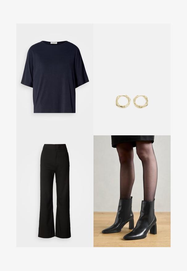 Marinblå t-shirt med kort ärm tillverkad av mjukt tyg med lös passform och rund halsringning. Har en minimalistisk design utan synliga mönster.; Svarta vida byxor med en slät textur, hög midja och en enkel design. Inga synliga fickor eller dekorationer.; Svarta läderankelstövlar med spetsig tå, kraftig kvadratisk klack och en slank design. Har elastiska sidopaneler för enkel påtagning.; Guldörhängen i form av ringar med en texturerad, oregelbunden form. Har en sömlös stängning och en polerad yta som betonar en modern design.