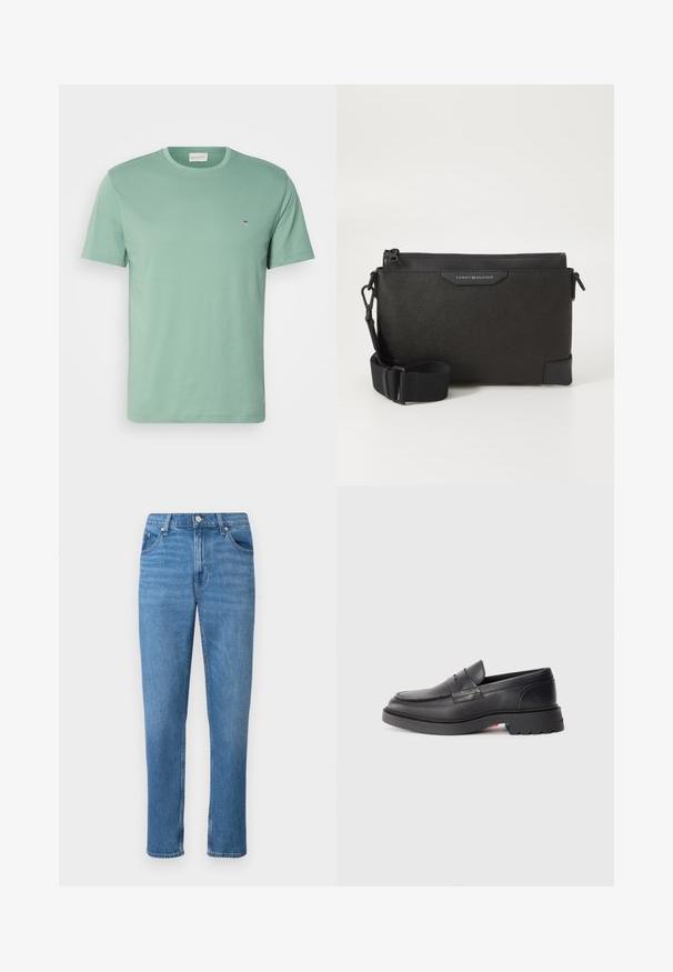 Světle zelené bavlněné tričko s kulatým výstřihem, krátkými rukávy a malým emblémem blízko levého prsu. Měkká textura, standardní střih.; Modré džínové kalhoty se rovně střiženými nohavicemi, s klasickým pětikapsovým stylem, předním zapínáním na knoflík a jemnými detaily v oblasti vyblednutí.; Černé kožené polobotky s kulatou špičkou, vyvýšeným švem a silnou gumovou podrážkou. Jednoduchý design s minimálním logem na boku.; Černá kožená crossbody taška s texturovaným povrchem, s uzávěrem na zip a nastavitelného popruhu. Na přední straně je logo. Obdélníkový tvar.