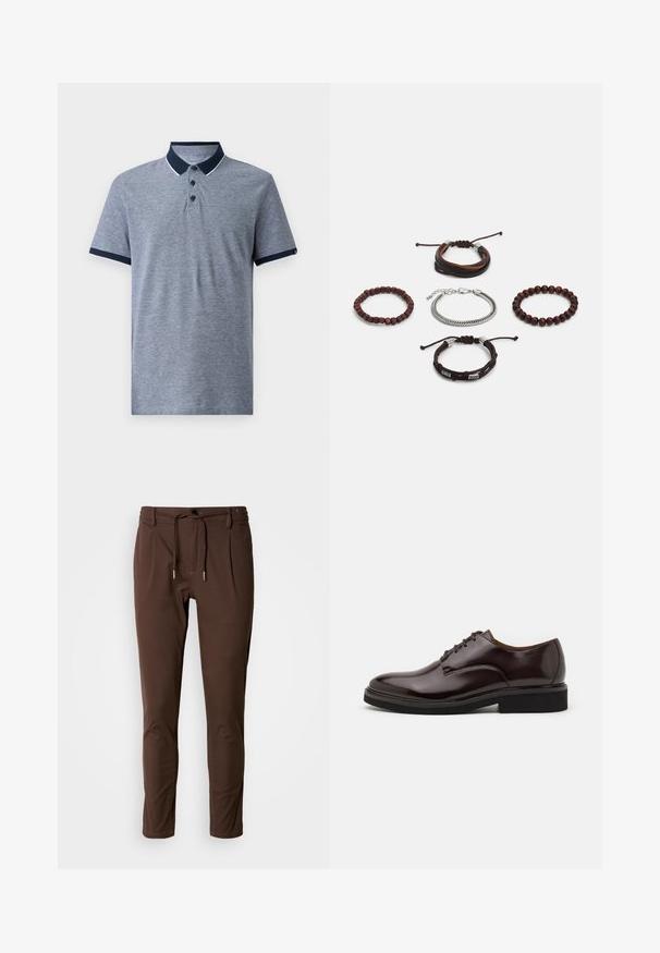 Szürke, rövid ujjas pólóing, tengerészkék gallérral és ujjaival. Három fekete gombbal és diszkrét heather textúrával rendelkezik.; Lindbergh SUPERFLEX DRAWSTRING - Nadrágok - deep brown; Barna bőr Oxford cipő fényes felülettel, kerek orral, fűzős kialakítással és vastag fekete gumi talppal. Varrott részlet a felső részen.; Öt darabból álló karkötőszett, barna bőrből, fa gyöngyökkel és ezüst lánccal; különböző textúrákkal és formákkal, állítható zárással.