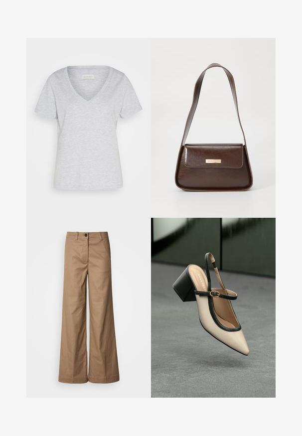 Light grey cotton T-shirt with a V-neckline and short sleeves. Features a relaxed fit and subtle heathered texture.; Wide-leg pants made of smooth, tan fabric. Features a front button closure, belt loops, and side pockets. Clean lines with no visible patterns.; Beige pointed-toe slingback shoe with black trim, gold buckle, and a chunky block heel on gray floor with dark green background.; Brown leather shoulder bag with a structured shape, featuring a magnetic flap closure and a metallic logo accent on the front.