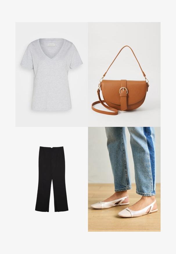 Svetlo šedé bavlnené tričko s výstrihom do V a krátkymi rukávmi. Má voľný strih a jemnú melírovanú textúru.; Čierne nohavice so strihom rovného strihu, s prednými vreckami a bočnými rozparkami na leme. Vyrobené z mäkkej, hladkej tkaniny. Vhodné na rôzne príležitosti.; Svetloružové slingback baleríny s jemne špicatou špičkou, vyrobené z hladkého materiálu pripomínajúceho kožu. Majú výrezové detaily na stranách a plochý opätok.; Hnedá kožená kabelka cez telo s zakriveným tvarom, zlatými kovovými doplnkami a akcentom s prackou. Obsahuje odnímateľný ramenný popruh.