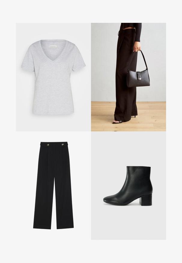Heled halli puuvilla T-särk, millel on V-kujuline kaelus ja lühikesed varrukad. Omab vabalt voolavat lõiget ja peent heegeldatud tekstuuri.; Mustad laiad püksid kõrge vöökoha ja nööpdetailidega vööandil, esikortsudega.; Mustad nahast pahkluu saapad terava varbaga ja jämeda kandaga. Sile tekstuur minimaalse aktsentidega ja stiilne, lihvitud disain.; Must musta kott, millel on struktureeritud kuju, sile tekstuur ja metallist klamber. Kombineeritud laiate mustade pükstega ja avatud varvaste sandaalidega puidust põrandal.