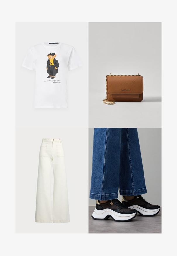 Bijela pamučna majica s crtanom medvjedićem u crnom kaputu i šeširu, žutom rolkom i crnim cipelama. Uključeni tekst "Polo Bear by Ralph Lauren".; Široke traperice u boji krem-paleža. Visoki struk s kopčanjem na dugme, dva prednja džepa i kontrastni šavovi.; Crne i zlatne tenisice s zakrivljenim bijelim potplatom. Teksturirani materijal s logotipnim detaljima. Uparen s širokim plavim trapericama.; Smeđa kožna torba preko tijela s teksturom, zlatnim lančićem i preklopom na zatvaranju. Na prednjoj strani nalazi se detalj s potpisom i džep ispod preklopa.
