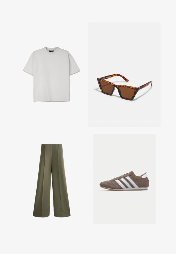 Majica s kratkimi rokavi v svetlo sivi barvi iz mešanice bombaža z okroglim izrezom. Značilen je subtilni embosirani logotip spredaj. Ohlapen kroj.; Olivno zelene široke hlače iz mehke tkanine z navpičnimi šivi. Imajo visok pas in natančno obdelane robove za čist zaključek.; Rjav semafor športni copat z belimi črtami, okroglo nos, vezalni dizajn in gumijastim podplatom. Tekstura zgornjega dela s šivi.; Sončna očala rjave barve s vzorcem ščurjenja, kotno obliko in ozkimi ročaji. Lahka plastična material.; Rjava, oblazinjena torba z naramnicami in ukrivljeno obliko, ki ima zadrgo in nastavljiv pas za vsestranske možnosti nošenja.