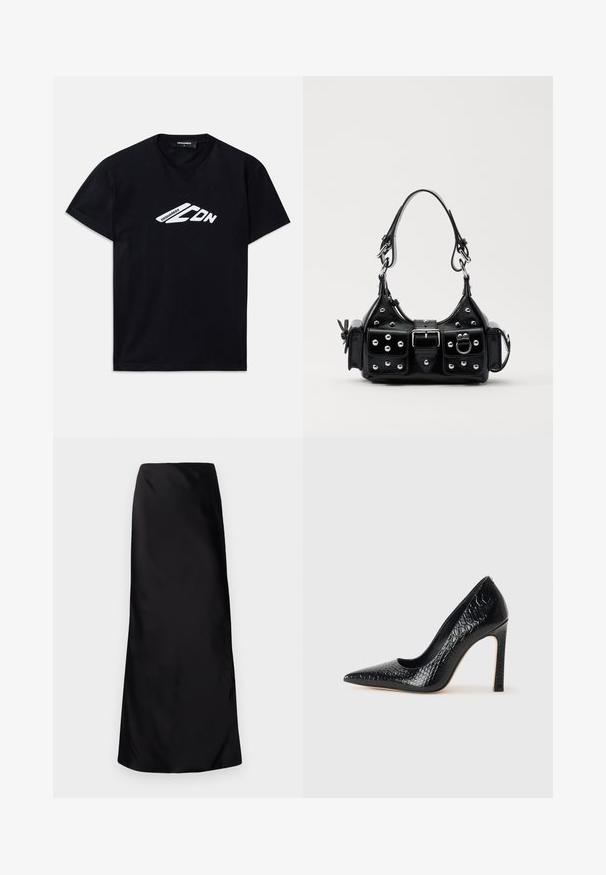 Juodos spalvos medvilninis marškinėlis trumpomis rankovėmis ir apvalia kaklo iškirpte. Priekyje yra baltas grafikos logotipas "DSQUARED2 CDN".; Norma Kamali BIAS OBIE SKIRT - Maksi sijonas - black; Juoda smailiakulnė aukšto kulno bateliai su krokodilo odos tekstūra, pasižymintys elegantišku dizainu, aukštu stiletu kulnu ir lygia juoda vidine dalimi.; Juodas odinis rankinukas su kreiviu dizainu, su sidabro spalvos knopkėmis, užsegimu ir dviem šoninėmis kišenėmis. Reguliuojama dirželis nešimui.