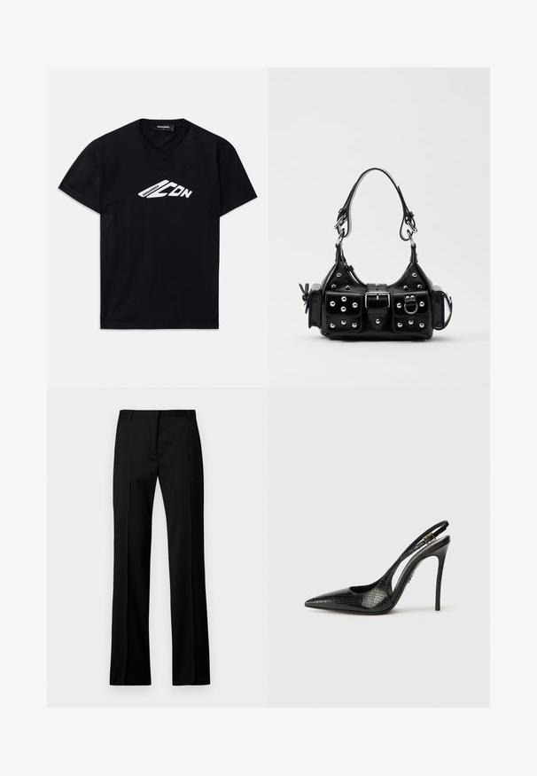 T-shirt preta de algodão com mangas curtas e decote redondo. Apresenta um logótipo gráfico branco "DSQUARED2 CDN" na parte da frente.; Calças pretas de perna reta em tecido suave, com frente lisa, passantes para cinto e sem bolsos ou adornos visíveis.; Sapato slingback preto com bico fino, padrão de pele de cobra texturizado, salto stiletto e uma fivela decorativa na tira.; Bolsa de couro preta com um design curvado, apresentando tachas prateadas, uma fivela e dois bolsos laterais. Alça ajustável para opções de transporte.