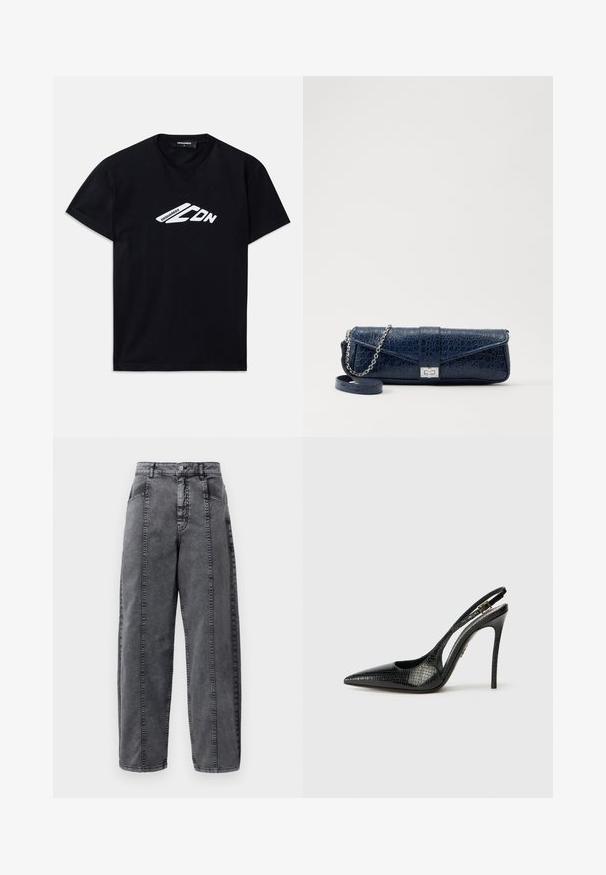 Sort bomulds t-shirt med korte ærmer og rund halsudskæring. Har et hvidt grafisk logo "DSQUARED2 CDN" på fronten.; Højtaljede gråvaskede denimbukser med for- og sidelommer, knaplukning og synlige lodrette syningsdetaljer.; Sort slingback pumpe med spids tå, tekstureret slangemønster, stilettahæl og en dekorativ spænde på stroppen.; Mørkeblå læder clutch med krokodilleskin, sølv kædesti og metallisk lukning. Firkantet form med fold-over design.