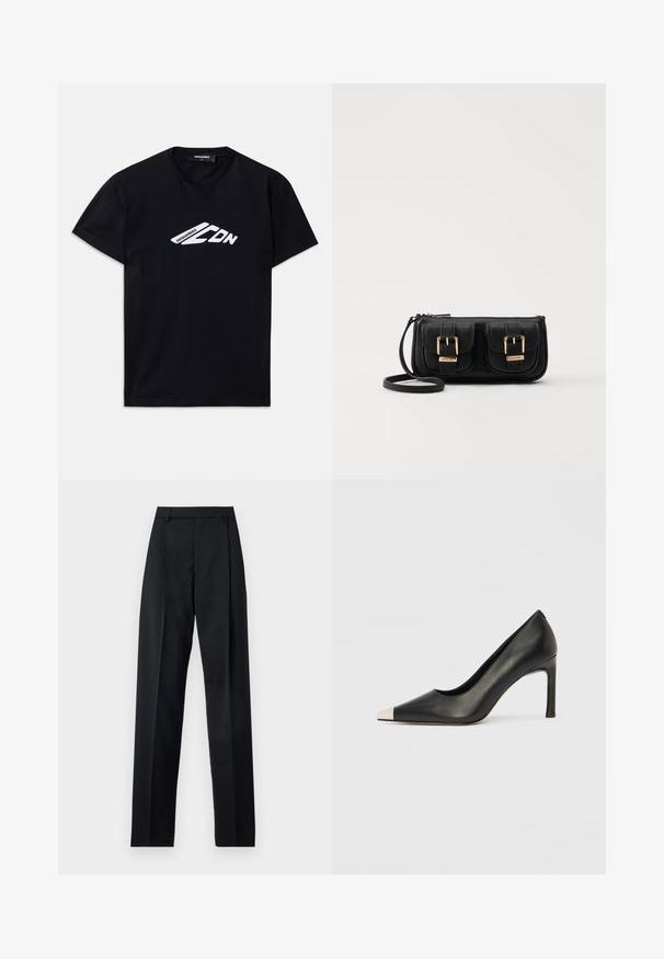 T-shirt en coton noir à manches courtes et col rond. Présente un logo graphique blanc "DSQUARED2 CDN" à l'avant.; Pantalon noir en tissu lisse avec taille haute, jambes larges, plis à l'avant et passants de ceinture classiques. Pas de poches latérales visibles.; Chaussure à talon haut en cuir noir avec bout pointu et capuchon argenté métallique. Présente une finition lisse et un talon fin de 10 cm.; Sac en cuir noir porté en travers avec deux poches avant, boucles dorées, fermeture zippée et une sangle fine. Surface texturée et forme rectangulaire compacte.