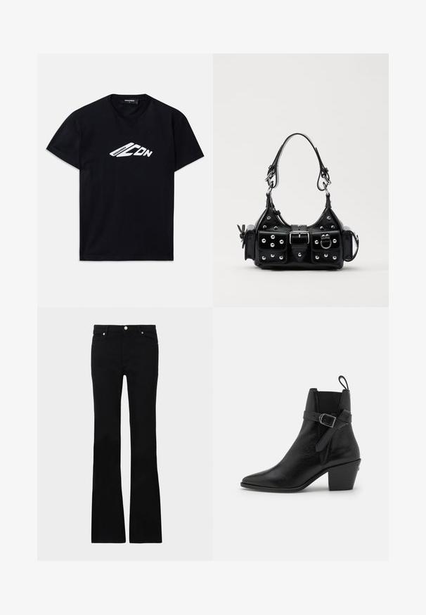 T-shirt en coton noir à manches courtes et col rond. Présente un logo graphique blanc "DSQUARED2 CDN" à l'avant.; Jean évasé noir en denim, avec deux poches avant, une fermeture à bouton et une texture lisse. Couture signature visible aux coutures.; Botte de cheville en cuir noir avec bout pointu, talon bloc et détail de boucle sur le côté. Présente une texture lisse et une languette à l'arrière.; Sac à main en cuir noir au design courbé, avec des clous en argent, une boucle et deux poches latérales. Bandoulière réglable pour différentes options de transport.