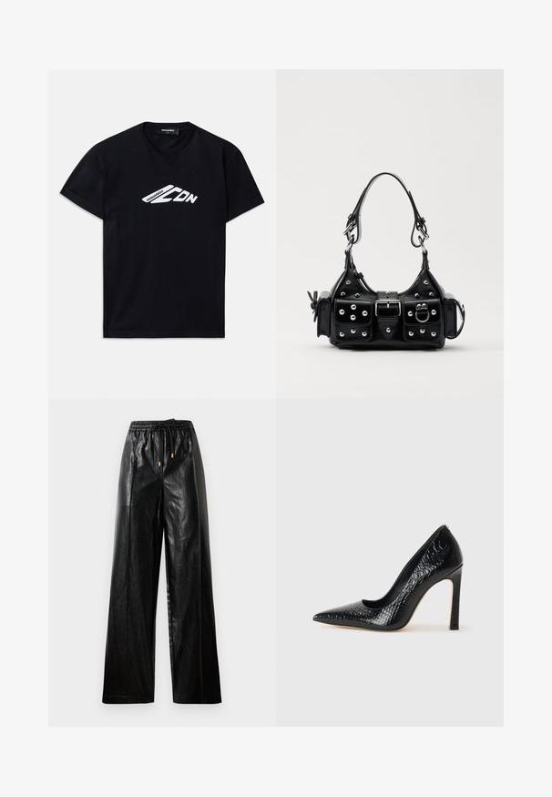 Zwart katoenen T-shirt met korte mouwen en een ronde hals. Bevat een witte grafische logo "DSQUARED2 CDN" op de voorkant.; Zwarte leren wijde broek met een elastische tailleband, koord, en gouden hardware accenten. Heeft een gladde textuur en een losse pasvorm.; Zwarte puntige hoge hak schoen met een krokodillenleren textuur, met een slank ontwerp, hoge stiletto-hak, en een gladde zwarte binnenkant.; Zwarte lederen handtas met een gebogen ontwerp, voorzien van zilveren studs, een gesp en twee zijvakken. Verstelbare schouderband voor verschillende draagmogelijkheden.