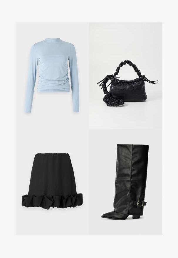Helles blauer Langarmoberteil aus glattem Stoff, mit einem hohen Kragen, figurbetonter Silhouette und gerafften Details an den Seiten.; Schwarzer Rock mit einem Rüschenbund, aus leichtem Stoff gefertigt. Verfügt über einen elastischen Taillenbund für eine bequeme Passform. Einfaches und vielseitiges Design.; Schwarze Lederstiefeletten in Knöchellänge mit spitzem Zehenbereich, glatter Oberfläche und silberner Schnallenakzent an der Seite. Massiver, quadratischer Absatz.; Schwarze Handtasche aus Kunstleder mit Krokodilstruktur, gerafftem oberen Teil und einem geschoppten Tragegurt. Sie wirkt weich und kompakt im Design.