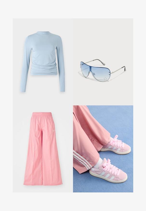 Svijetloplavi dupovski gornji dio s dugim rukavima, izrađen od glatke tkanine, s visokim ovratnikom, prilagođenim siluetom i nabranim detaljima sa strane.; Roze široke hlače napravljene od lagane tkanine, sa elastičnim pojasom i suptilnim bijelim bočnim prugama. Mali logo na prednjem dijelu.; Roze atletske tenisice s svijetloplavim prugama, okrugli vrh i debele roze vezice, u kombinaciji s roze trenirkama koje imaju bijele bočne pruge.; Naočale tipa avijatičar s gradijentnim plavim staklima, okvirom od srebrnog metala i dekorativnim zvjezdastim naglascima na staklima. Glatki i elegantni dizajn.