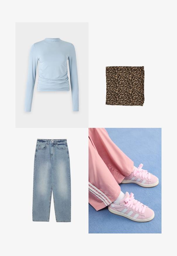 Bluză lungă cu mâneci din material fin, de culoare albastru deschis, cu guler înalt, siluetă ajustată și detalii pliate pe laterale.; Blugi din denim albastru deschis, cu croi lejer, design cu picior drept, cinci buzunare și închidere cu buton la talie. Textură netedă.; Pantofi sport roz cu dungi albastre deschise, vârf rotund și șireturi groase roz, asortați cu pantaloni de trening roz, având dungi albe pe lateral.; Material cu imprimeu leopard în bej cu pete negre, textură netedă, formă rectangulară, îndoit și cu margini finisate.