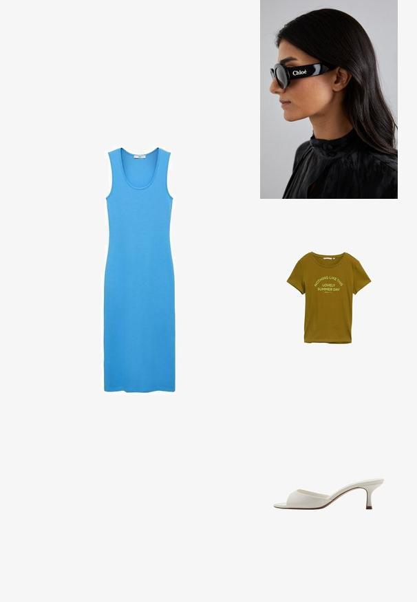 Tricou din bumbac verde măsliniu, cu guler rotund și mânecile scurte. Prezintă un text imprimat: "NU E CA ACEASTĂ ZI ÎNDRĂGITĂ DE VARĂ."; Rochie bleu tip tank, realizată dintr-un material neted și elastic, cu decolteu rotund și o croială strânsă, până la gleznă. Fără modele vizibile sau accesorii.; Mule-uri albe cu vârf deschis, cu toc înalt, cu un finisaj neted, design minimalist și un toc subțire, având un accent subtil de culoare maroniu pe talpă.; Ochelari de soare negri cu lentile rotunde și rame îndrăznețe, unghiulare, având marca "Chloé" în alb pe lateral. Finisaj neted și lucios.