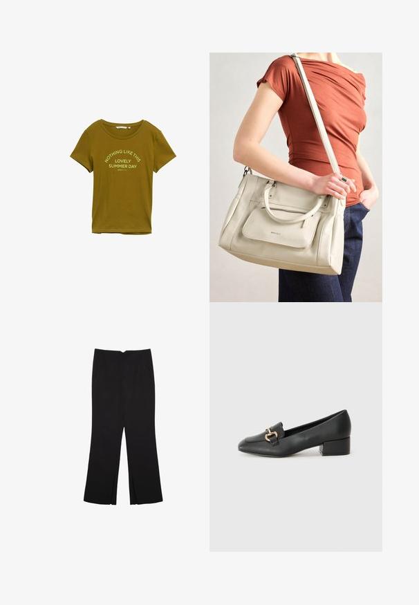 Oliivinvihreä puuvillainen t-paita, jossa on pyöreä kaula-aukko ja lyhyet hihat. Painatuksena teksti: "EI MITÄÄN TÄLLAISTA IHANAA KESÄPÄIVÄÄ."; Mustat housut suoralinjaisella leikkauksella, joissa on etutaskut ja sivurei'ät helman alla. Valmistettu pehmeästä ja sileästä kankaasta. Sopii eri tilaisuuksiin.; Musta nahkainen loaferit matalalla korolla, joissa on koristeellinen kultainen yksityiskohta edessä ja sileä pinta.; Valkoinen nahkainen käsilaukku, jossa on kaksinkertaiset kahvat ja irrotettava hihna. Edessä on vetoketjullinen tasku ja pinta on sileä. Laukkua kantaa henkilö kyynärvarressaan.