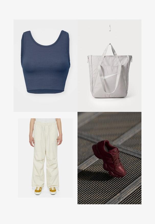 Top cropped azul-marinho com decote em forma de scoop, design sem mangas, tecido texturizado e detalhe de costura mínima ao longo das bordas.; Calças cargo de cor creme com ajuste solto, cintura elástica e múltiplos bolsos. Usadas com ténis castanhos e brancos sobre um fundo branco.; Sapatilhas burgundy com um acabamento texturizado, design de atacadores e contornos de sola pronunciados. Apresenta logótipos e detalhes em material sintético sem emendas.; Saco tote cinza com alças reforçadas, bolso frontal com fecho éclair e o logo white swoosh da Nike. Feito de um tecido durável com uma textura suave.