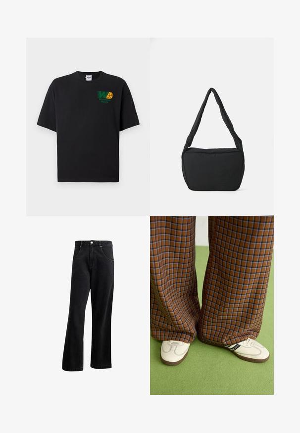 T-shirt de algodão preta com mangas curtas. Apresenta um gráfico verde e amarelo "Worldwide Hoops" na frente. Ajuste solto, decote redondo.; Jeans de ganga preta com um design de perna reta, apresentando bolsos frontais, fecho de botão e uma leve textura. Inclui um detalhe de logótipo discreto.; Calças largas em padrão xadrez castanho e azul, combinadas com sapatos brancos com detalhes pretos e solas texturizadas, contra um fundo verde.; Saco preto de ombro com uma textura almofadada, uma forma arredondada e uma alça larga, apresentando um logótipo em relevo na parte da frente.