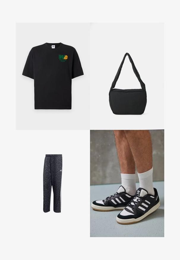 Melna kokvilnas t-kreklu ar īsām piedurknēm. Priekšpusē ir zaļa un dzeltena "Worldwide Hoops" grafika. Brīvs piegriezums, noapaļots kakla izgriezums.; Melnas sporta bikses ar leopardu rakstu, ar baltu trīs svītru dizainu un sporta zīmola logo sānos.; Melnas un baltas kedas ar zamša un ādas augšdaļu, kas aprīkotas ar trim baltām svītrām, perforētu purngali un gumijas zolēm.; Melnas plecu soma ar mīkstu tekstūru, apaļu formu un plašu siksnu, ar uzspiestu logotipu priekšpusē.