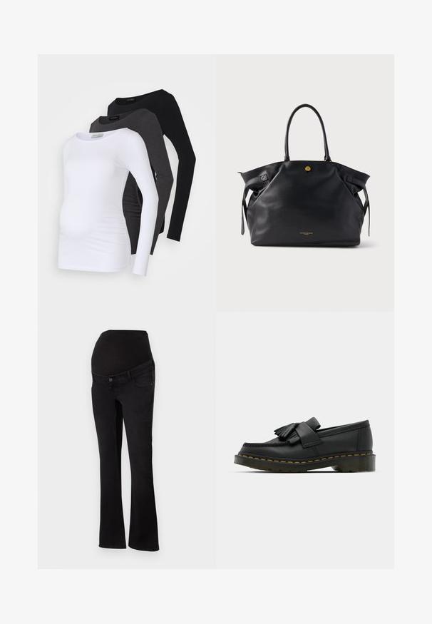 Três blusas de maternidade de manga longa nas cores branca, carvão e preta. Feitas de um tecido suave com acabamento liso e detalhe de franzido lateral para conforto.; Jeans de maternidade em denim preto com um cós elástico acima da barriga, ajustados na anca e na coxa, alargando na abertura da perna.; Mocassins de couro pretos com bico arredondado, apresentando um detalhe de franja e uma faixa decorativa na parte da frente, assentes em um salto robusto.; Mala tote em couro preto com superfície texturada, ferragens douradas e duas pegas arredondadas. Apresenta um fecho seguro e marcações mínimas.