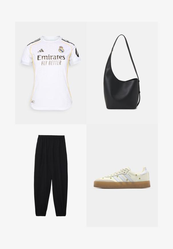 Valge jalgpallipaita mustade ja kollaste aktsentidega, ümmarguse kaelusega, lühikeste varrukatega ning Real Madrid'i logo rinnal.; Mustad, kerge kangas püksid elastse vöökoha ja kokku volditud pahkluudega. Kanga pind on sile ja disain on lõdvestunud, kitsenev.; Kreem värvi spordijalatsid helesiniste triipudega, kummikummist tald ja dekoratiivsed kollased lillemotiivid pealmisel materjalil. Ümar nina disain.; Mustast nahast hobo kott, millel on sile tekstuur, kumer kuju ja üks reguleeritav rihm; peal on lai avaus.