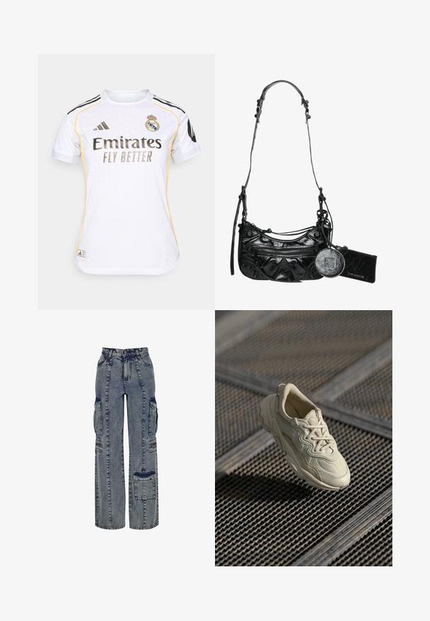 Maillot de football blanc avec des accents noirs et jaunes, caractérisé par un col rond, des manches courtes et le logo du Real Madrid sur la poitrine.; Pantalons cargo en denim bleu clair. Présente des jambes larges, plusieurs poches latérales et des accents en denim foncé contrastants. Structure avec des coutures visibles.; Baskets beiges en tissu texturé, avec des accents lisses contrastants, une semelle arrondie et des lacets, suspendues au-dessus d'une surface quadrillée.; Sac à main en simili cuir noir avec un design courbé, poche avant zippée et quincaillerie décorative, comprenant une pochette à pièces ronde amovible.