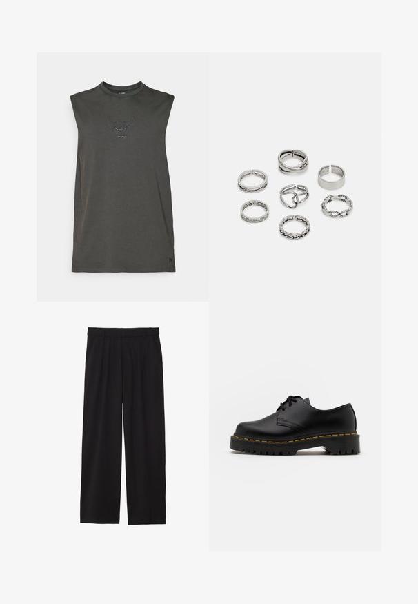 Tmavě šedé tílko bez rukávů vyrobené z měkké bavlny. Na hrudi je černě vyšitý logo býka. Jednoduchý, volný střih.; Černé široké kalhoty s skladaným předním dílem, bočními kapsami a hladkou texturou tkaniny. Navrženy pro pohodlný střih.; Černá kůže šněrovací boty s kulatou špičkou, texturovanou gumovou podrážkou a žlutým prošíváním kolem základny. Plný design a hladký povrch.; Sada sedmi stříbrných prstenů s různými vzory, včetně zamotaných, propletených a rytých motivů. Různé tvary a šířky.