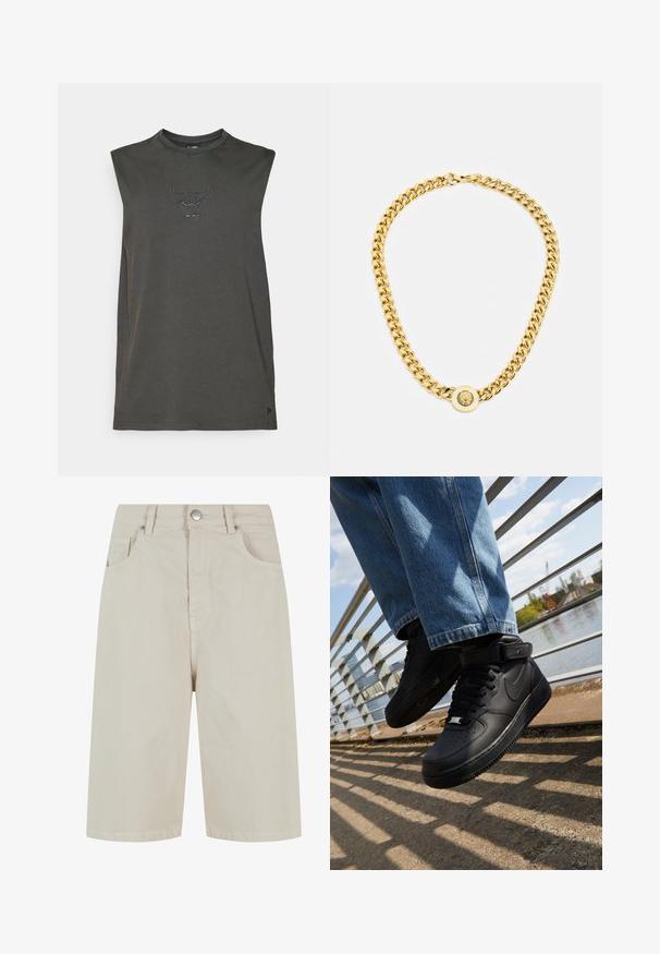 Tmavošedé tielko bez rukávov vyrobené z mäkkej bavlny. Na hrudi má čiernu vyšívanú logu býka. Jednoduchý, voľný strih.; Bežové deninové šortky so priamej strihom, s predným zapínaním na gombík a štyrmi vreckami. Materiál má hladkú textúru a minimálne švy.; Čierne tenisky Nike Air Force 1 s koženým zvrškom, sieťovaným jazykom a gumovou podrážkou, s vysokým dizajnom a hrubými šnúrkami.; Zlatý náhrdelník s veľkými prepojenými článkami, ktorý má v strede okrúhly prívesok s vyvýšeným emblémom.